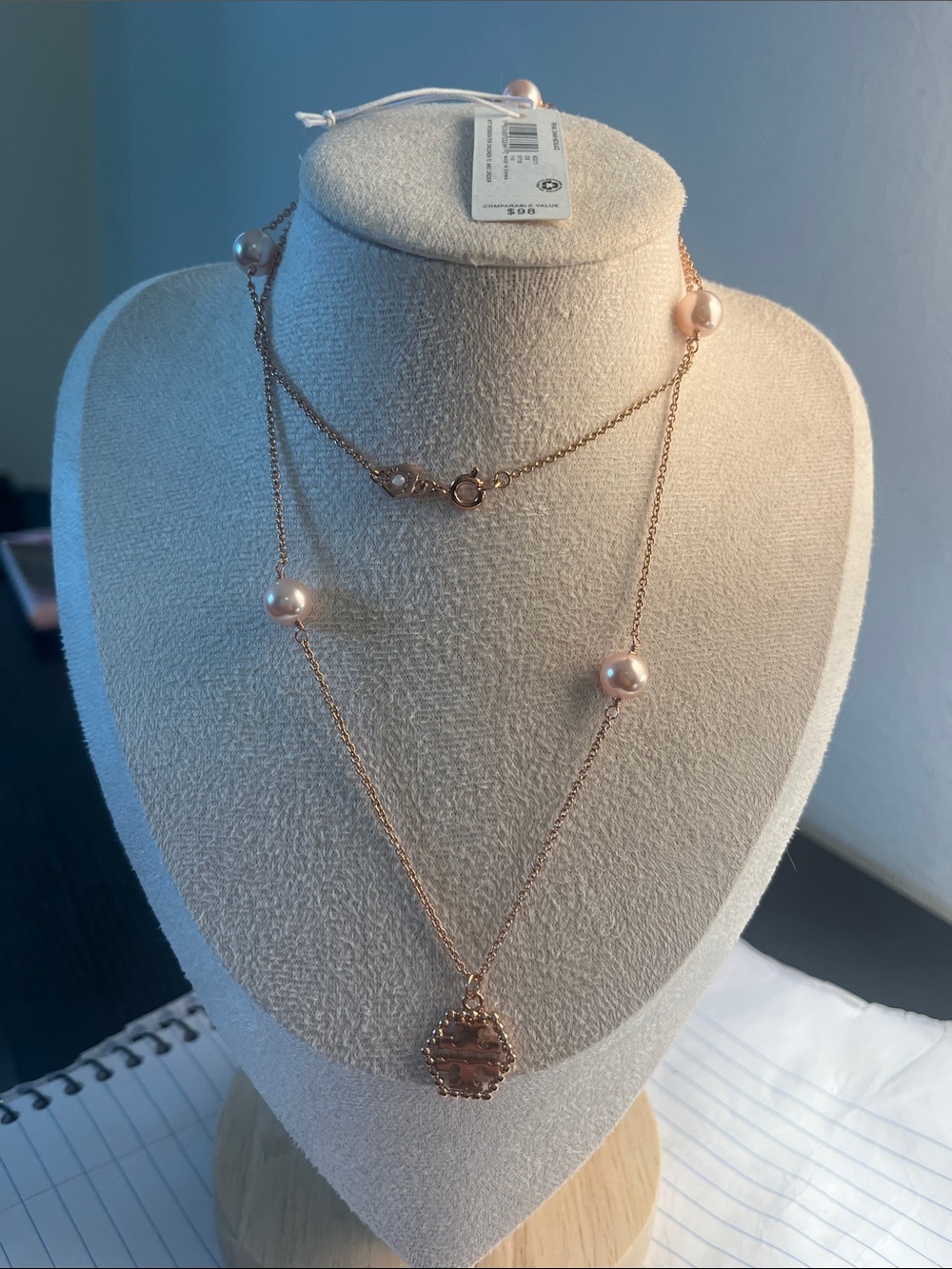 Tory Burch Rose Gold Pearl Layered Pendant Necklace, NWT